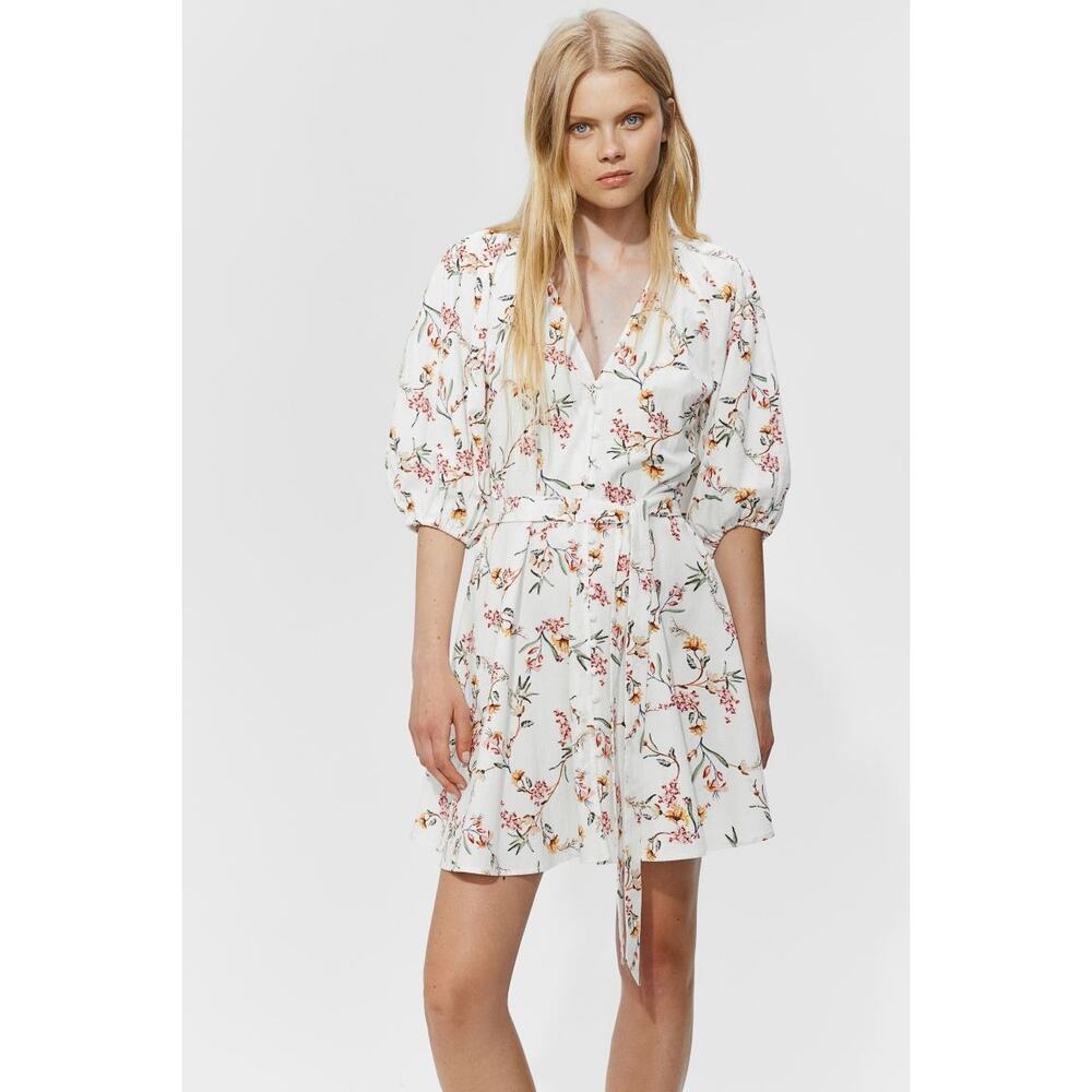 NWT H&M Floral Balloon Sleeve Mini Peasant Dress Large